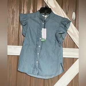Chelsea & Theodore Blue Ruffle Sleeve Button-Up Shirt. P2P 18” SIZE XS, NWT